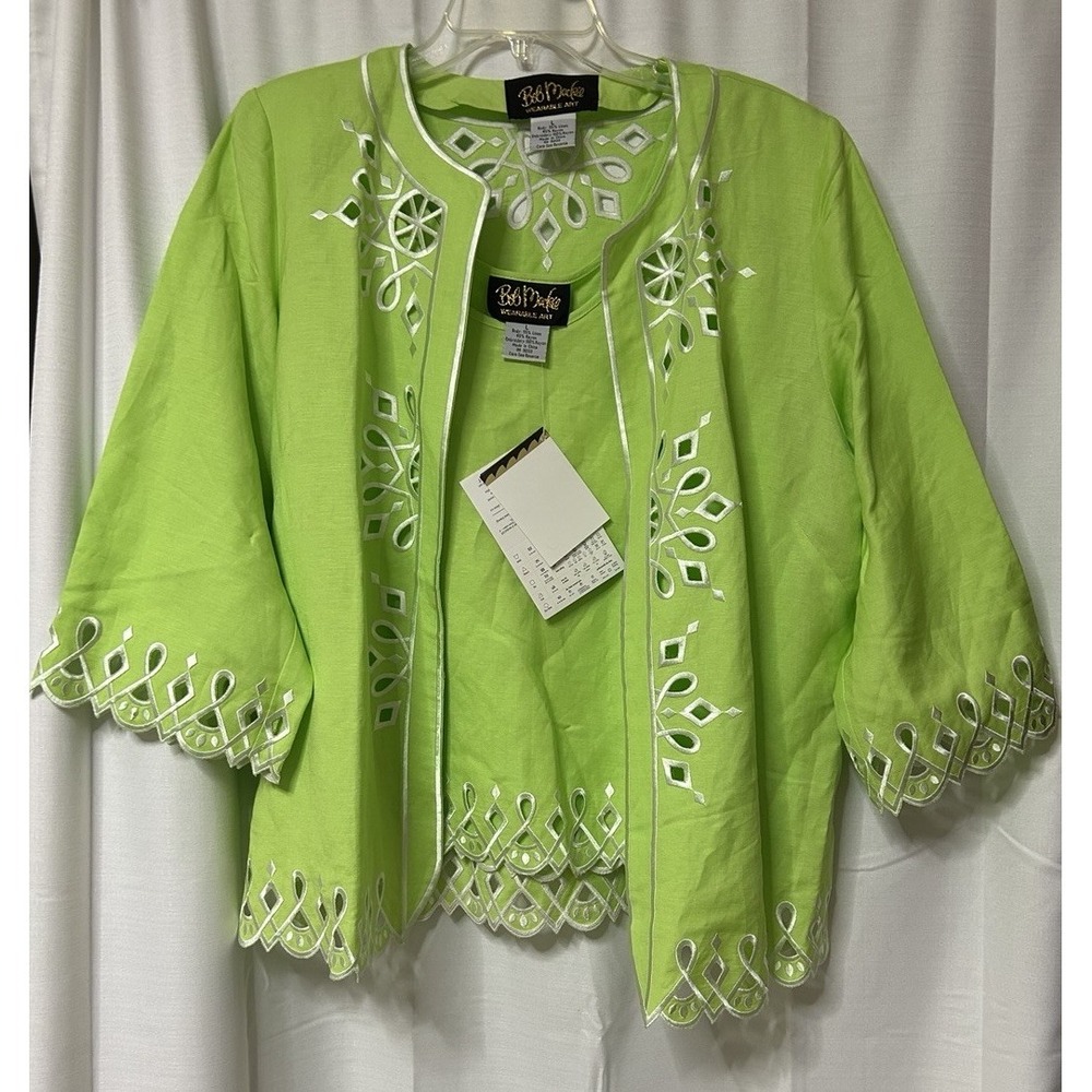 Bob Mackie Wearable Art Twin Set Jacket Tank Top L Embroidered Linen Blend NWT